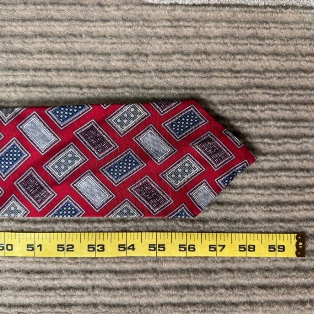 Gino Rinaldi Mens Silk Tie Red Geometric Rectangular Pattern Made in USA 4 Inch